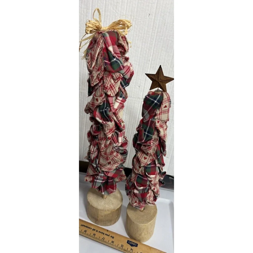 Primitive Rag Fabric Christmas Tree Wood Base 22” Farmhouse Star Missing VTG